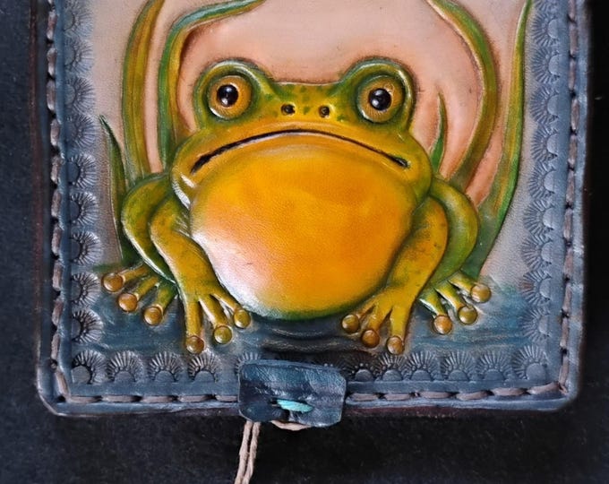 Hand-Tooled Leather Card Wallet Original Frog Folk Art