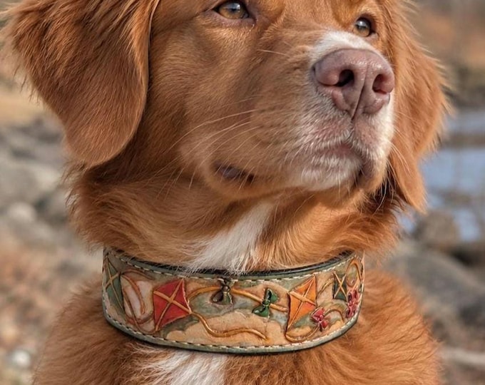 Hand Tooled Leather Dog Collar with Colorful Kites – 1.75" Wide