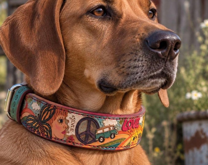 Leather Dog Collar Customized 70s Hippie Rainbow Peace Design Hand Tooled