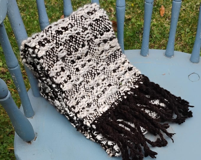 Handwoven Angora Wool Scarf – Natural Brown & White Textured  One of a Kind