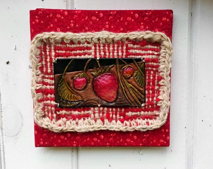 Strawberry Wall Art – Hand Tooled Leather & Handwoven Wool – 8x8 Mixed Media Folk Art