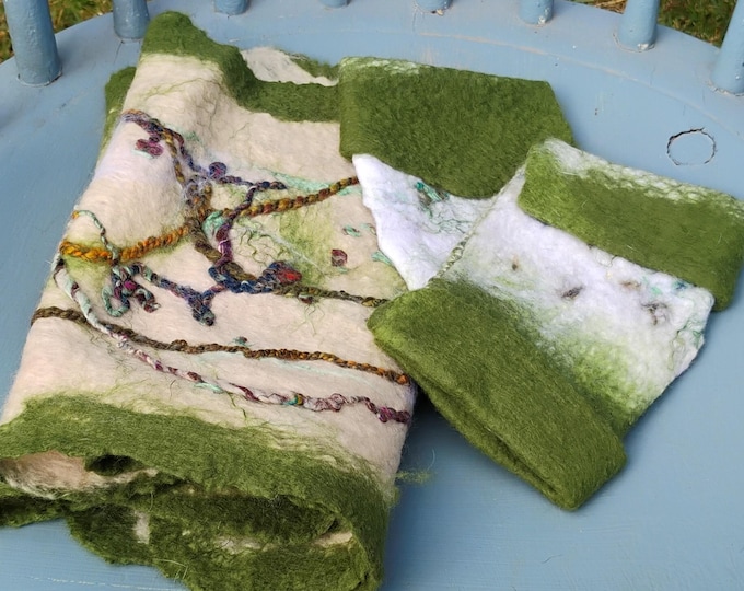 Wet Felted Merino Wool Scarf & Fingerless Gloves – Handspun Wool and Silk