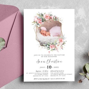Editable Baptism Photo Invitation Template, INSTANT DOWNLOAD, Baby Girl Christening Invitation with Pink and White Flowers, W280