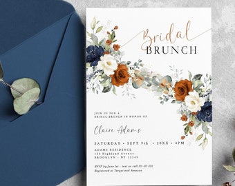 Burnt Orange Blue and White Floral Bridal Branch Invitation, Editable Bridal Shower Invite Template, INSTANT DOWNLOAD, W247