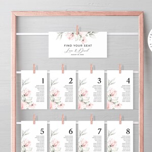 Editable Seating Chart with Cards, Pale Rose Hanging Wedding Seating Plan, Blush Floral Wedding Guest Plan Template, INSTANT DOWNLOAD, W66