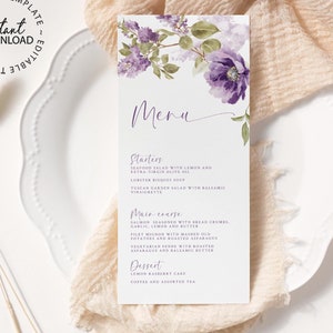 Editable Purple Floral Wedding Menu, Lilac Flowers Menu Template, INSTANT DOWNLOAD, Printable Shower Brunch Dinner Menu, W276