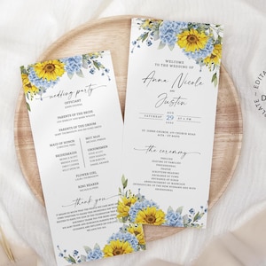 May include: Wedding program template with floral accents of yellow sunflowers and blue hydrangeas. The program includes the names of the couple, wedding party, and ceremony details. The words "Welcome to the Wedding of" and "Instant Download" are visible.