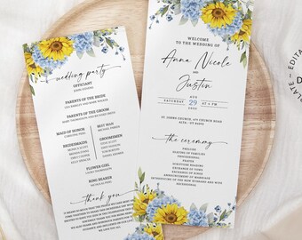 May include: Wedding program template with floral accents of yellow sunflowers and blue hydrangeas. The program includes the names of the couple, wedding party, and ceremony details. The words "Welcome to the Wedding of" and "Instant Download" are visible.