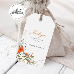 Editable Wedding Favor Tags, Orange Floral Thank You Labels, Square Shower Favors Bag Printable Sticker Tag, INSTANT DOWNLOAD, W230