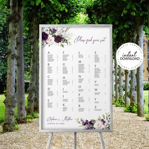 ELLIE - Editable Wedding Seating Chart Template, Purple Floral Seating Plan Poster, INSTANT DOWNLOAD, Wedding Alphabetical Guests List, W129