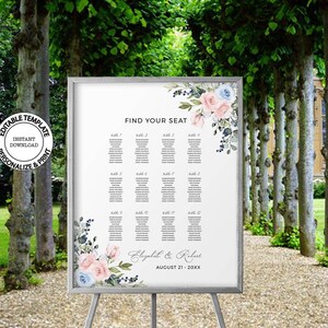 Wedding Seating Chart Editable Template, INSTANT DOWNLOAD, Blue and Pink Floral Wedding Seating Plan, Wedding Guest List Poster, W164