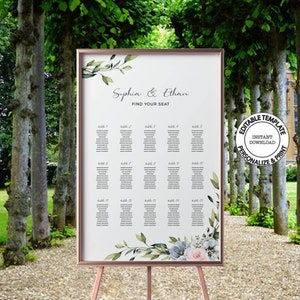 SERENE - Wedding Seating Chart Template, Editable Wedding Seating Plan Poster, Printable Guest List, Wedding Guests Alphabetical List, W34