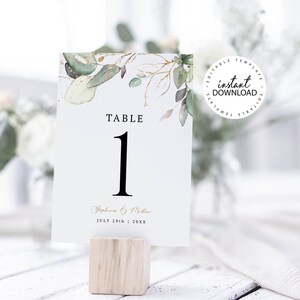 MEIRA - Editable Table Number Template, Greenery and Faux Gold Printable Table Numbers, Wedding Table Decor, INSTANT DOWNLOAD,  W154