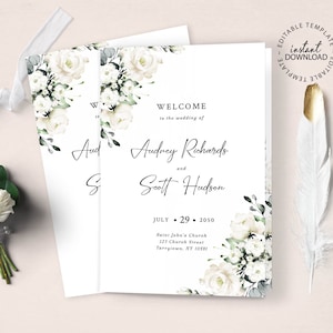 Booklet Wedding Program Template, White Floral Editable Wedding Ceremony Order, INSTANT DOWNLOAD, Foldable Church Wedding Itinerary, W119
