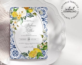 May include: A white wedding invitation with a blue and white tile pattern border. The invitation features a floral design with lemons and white flowers. The text reads "Together with their families, Stephanie and Matthew invite you to their wedding celebration, Saturday, August 29, 2020, at 4 PM, Millennial Falls, 123 Mountain Street, Draper, Utah, reception to follow."