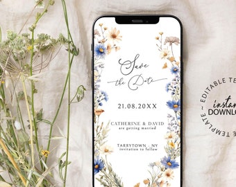 Op de afbeelding: Een digitale save the date-kaart met een bloemenkransontwerp in tinten blauw, geel en wit. De tekst luidt "Save the Date", "21.08.20XX", "Catherine & David trouwen", "Tarrytown, NY" en "uitnodiging volgt".
