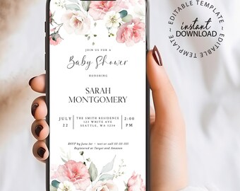 May include: A digital invitation for a baby shower with a floral design. The invitation features a pink and white floral illustration with green leaves. The text on the invitation reads "Join us for a Baby Shower honoring Sarah Montgomery" and includes the date, time, and location of the event. The invitation also includes the text "RSVP by June 1st" and "Registered at Target and Amazon".