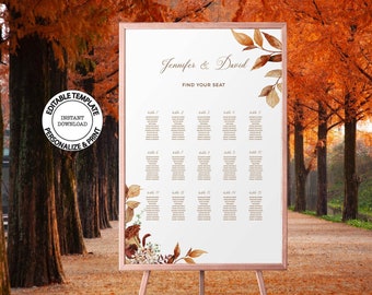 May include: A printable wedding seating chart template with a fall theme. The chart features a watercolor illustration of leaves in shades of brown and orange. The text "Jennifer & David Find Your Seat" is at the top of the chart.
