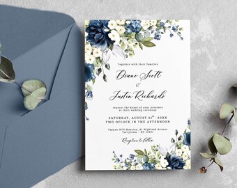 Editable Blue Flowers Wedding Invitation Template, INSTANT DOWNLOAD, Cream White and Dark Blue Floral Invite, Printable or digital, W158