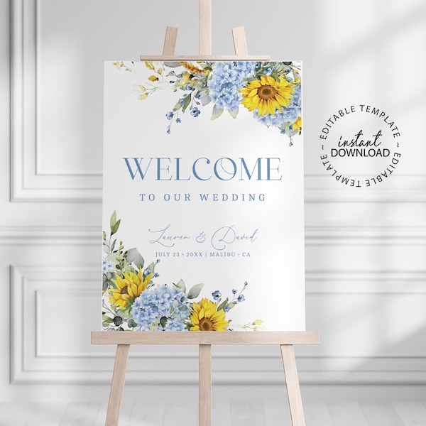 Sunflower and Blue Hydrangeas Wedding Welcome Sign Template, Editable Rustic Welcome Poster, INSTANT DOWNLOAD, Bridal Shower Signage, W269
