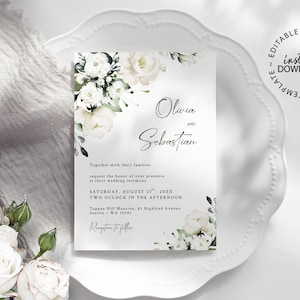 Editable White Floral Wedding Invitation, INSTANT DOWNLOAD, White Roses and Greenery Wedding Invite Template, Printable or Digital, W119