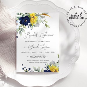Sunflowers Bridal Shower Invitation Template, Editable Yellow and Blue Floral Bridal Shower Invite, INSTANT DOWNLOAD, Printable, W190