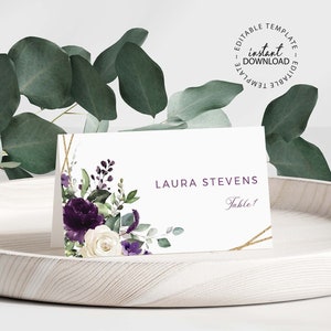 Floral Wedding Place Cards Template, INSTANT DOWNLOAD, Editable Purple and White Name Cards, Guests Name Cards, Flat and Foldable, W102