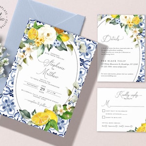Editable Lemon and Flowers Wedding Invitation Set, INSTANT DOWNLOAD, Tiles Floral Wedding Invite Suite, Mediterranean Style Invites, W216