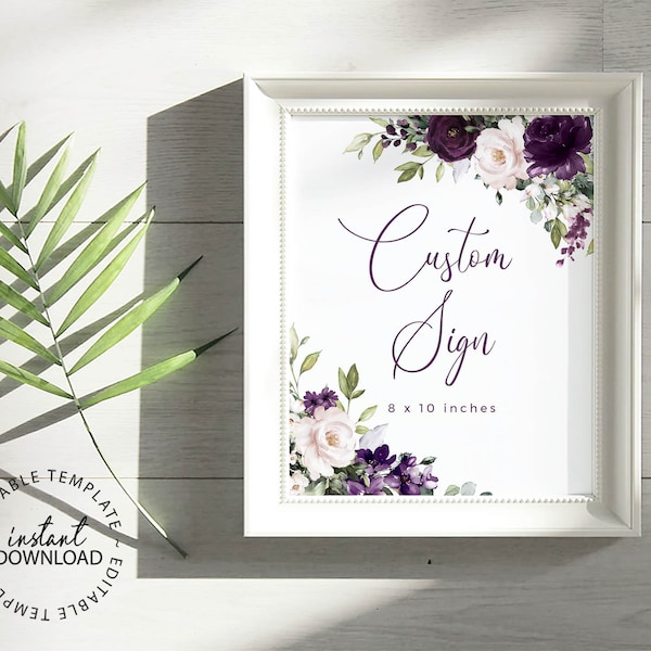 ELLIE - Editable Purple and Pale Rose Wedding Sign, Customizable Signage, INSTANT DOWNLOAD, Purple Floral Shower Signs, Printable, W129