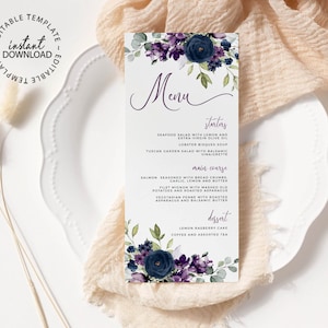 Purple and Blue Floral Wedding Menu Template, Editable Wedding Table Menus, INSTANT DOWNLOAD, Printable Shower Brunch Dinner Menu, W205