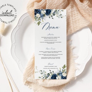 Editable Wedding Menu Template, INSTANT DOWNLOAD, Blue and White Printable Menu, Shower Brunch or Festive Dinner Floral Menus, W158
