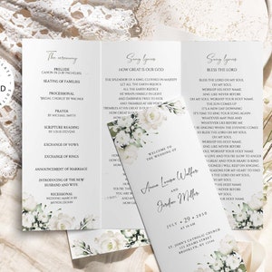 Trifold Wedding Program, 100% Editable Template, INSTANT DOWNLOAD, White Floral Catholic Wedding Program, Folded Church Program, W119