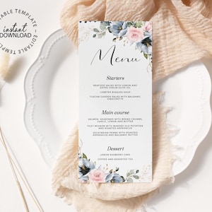 SERENE - Editable Blue and Pale Rose Wedding Menu Template, INSTANT DOWNLOAD, Printable Pink Floral Shower Menu, W34