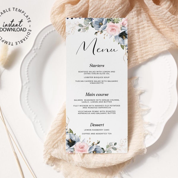 SERENE - Editable Blue and Pale Rose Wedding Menu Template, INSTANT DOWNLOAD, Printable Pink Floral Shower Menu, W34