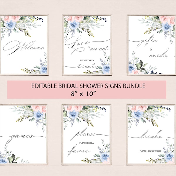 Bridal Shower sign set, 6 editable templates, INSTANT DOWNLOAD, Bundle, Blush and blue roses flowers shower signs, 8x10, W164