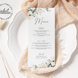 White Floral Wedding Menu, Editable Shower Menu with White Flowers, INSTANT DOWNLOAD, White Roses Wedding Menus, Printable, W119