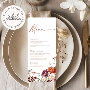 Editable Orange Floral Wedding Menu Template, Fall Wedding Table Menus, INSTANT DOWNLOAD, Printable Shower Brunch Dinner Menu, W274