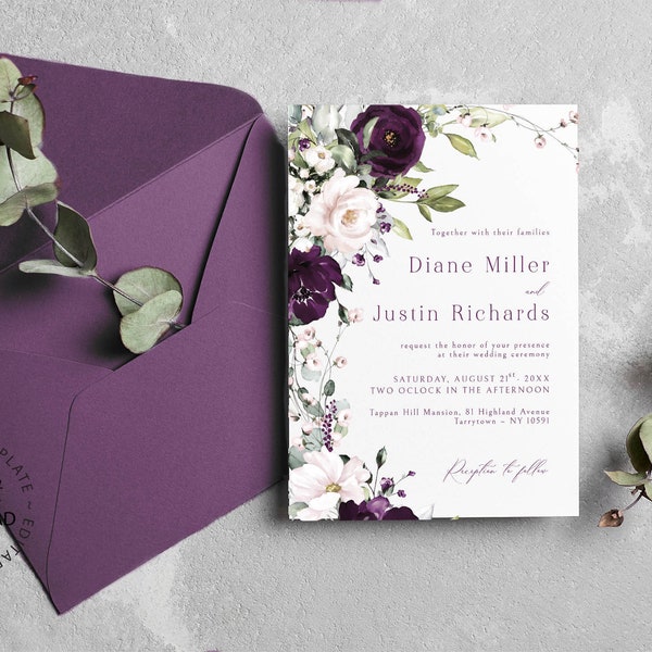 ELLIE - Editable Purple Floral Wedding Invitation, INSTANT DOWNLOAD template, Plum and Pale Pink Invite, Print or Send Digital, W129