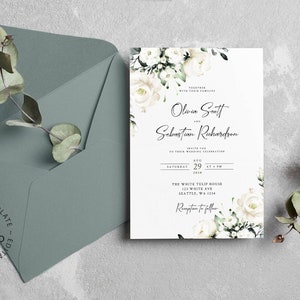 Editable White Floral Wedding Invitation Template, INSTANT DOWNLOAD, Digital or Printable White Roses Wedding Invites, Templett, W119