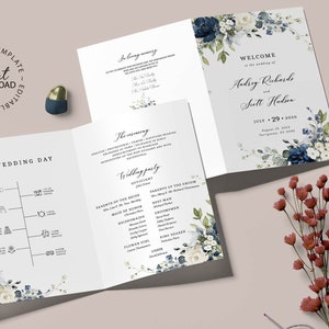 Editable Bi-fold Wedding Program Template, INSTANT DOWNLOAD, Blue and White Floral Catholic Ceremony Schedule, Wedding Day Itinerary, W158
