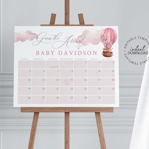 Baby Girl Shower Due Date Calendar, Editable Pink Hot Air Balloon Baby Birth Date Sign, Guess the Arrival Date Sign, Printable Poster, W264