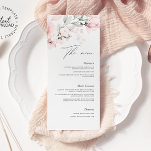 Editable Wedding Menu, Pale Rose Printable Menu for Bridal Showers or Brunches, INSTANT DOWNLOAD, Soft Pink Floral Menu Template, W66