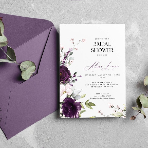 ELLIE - Editable Bridal Shower Invitation Template with Plum Purple and Rose Flowers, INSTANT DOWNLOAD, Bridal Shower Floral Invite, W129