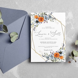 Editable Wedding Invitation Template with Blue, Orange and Purple Flowers, INSTANT DOWNLOAD, Floral Wedding Invite, W246