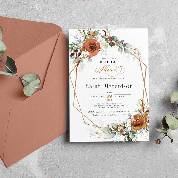 LYRA - Editable Bridal Shower Invitation Template with Burnt Orange and White Flowers, INSTANT DOWNLOAD, Bridal Shower Floral Invite, W179