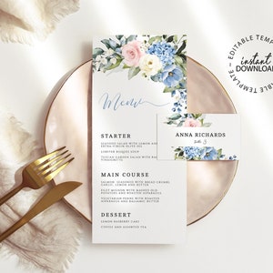 Editable Menu and Place Card Set, Pink and Blue Floral Wedding Menu Template, INSTANT DOWNLOAD, Printable Shower Brunch Dinner Menu, W182