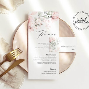 Blush Floral Wedding Menu and Place Card Set, Editable Pale Rose Menu Template, Printable, INSTANT DOWNLOAD, Roses Name Cards, W66