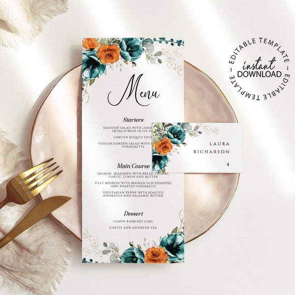 Orange and Teal Green Floral Wedding Menu and Name Cards Set, Editable Floral Wedding Table Menu Template, INSTANT DOWNLOAD, Printable, W209