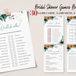 Editable Bridal Shower Games, Orange and Teal Green Wedding Shower Games Bundle, Instant Download, Printable, Bridal Party Games, W209