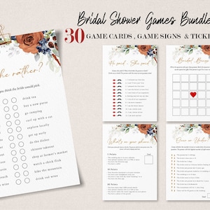SIA - Editable Bridal Shower Games, Burnt Orange and Blue Wedding Shower Games Bundle, Instant Download, Printable, Bridal Party Games, W208